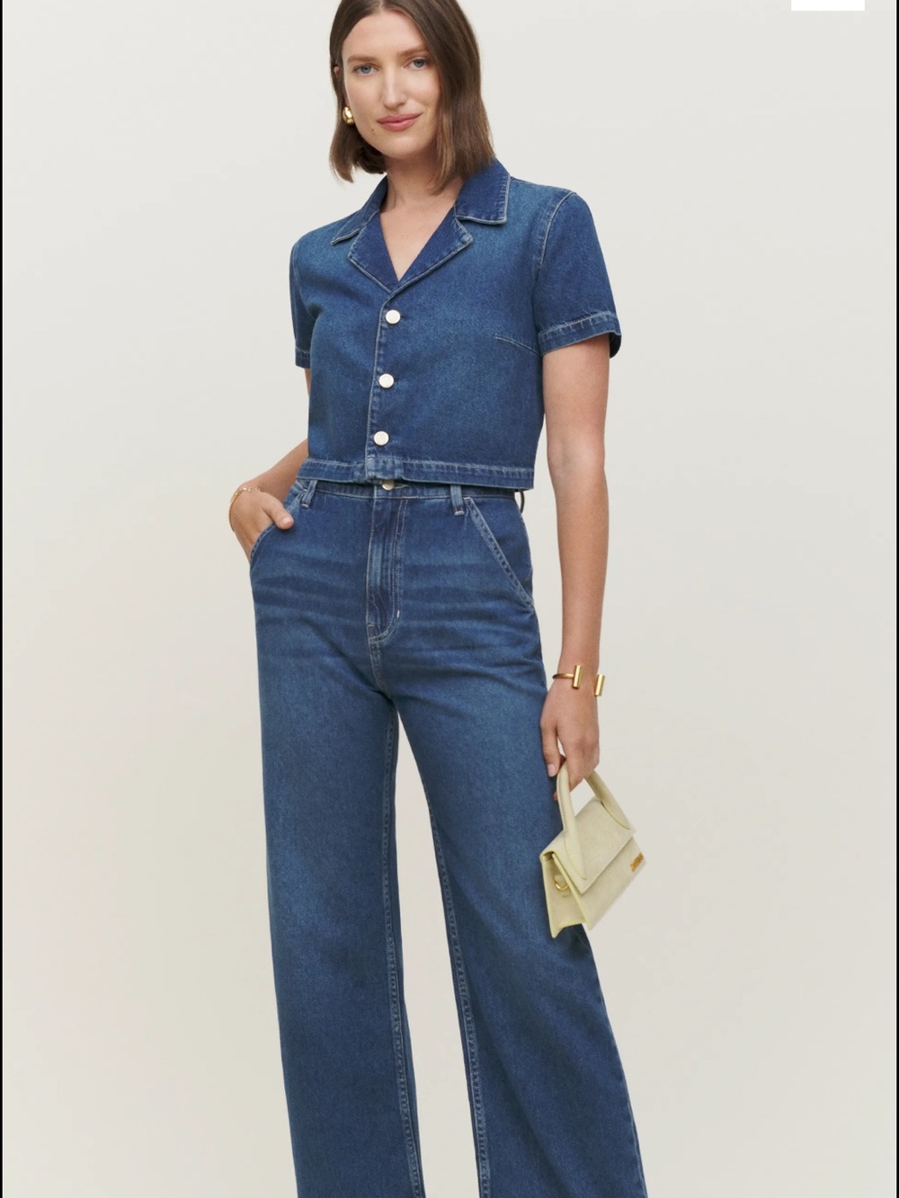 Reformation Blue Cropped Denim Button-Front Top